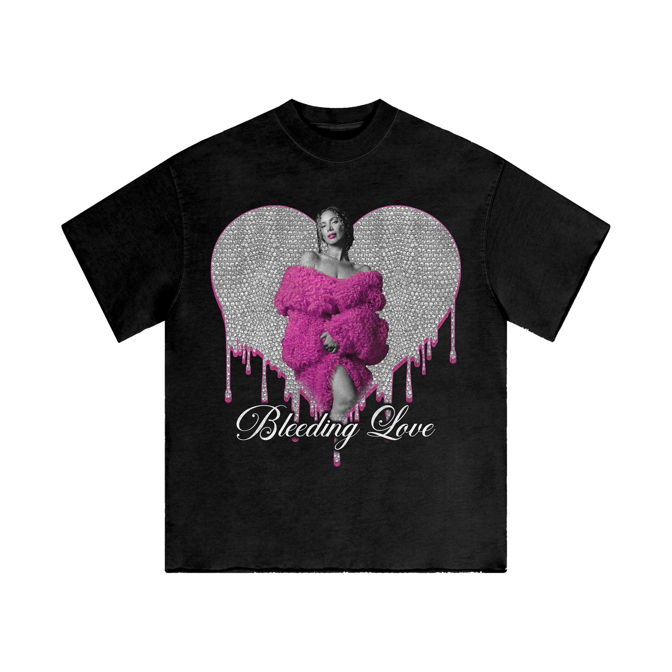 Black t-shirt with a graphic of a woman in a pink outfit inside a heart, surrounded by rhinestones, on a white background.