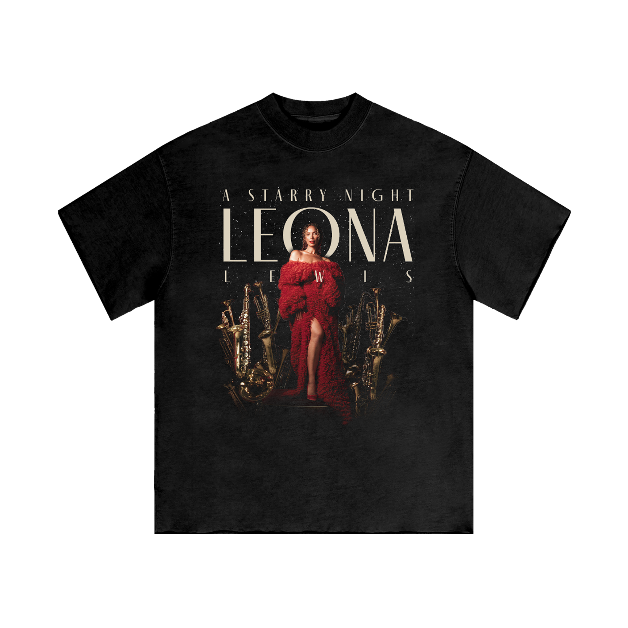 Black t-shirt with 'A Starry Night Leona Lewis' design featuring a woman in red and saxophones.
