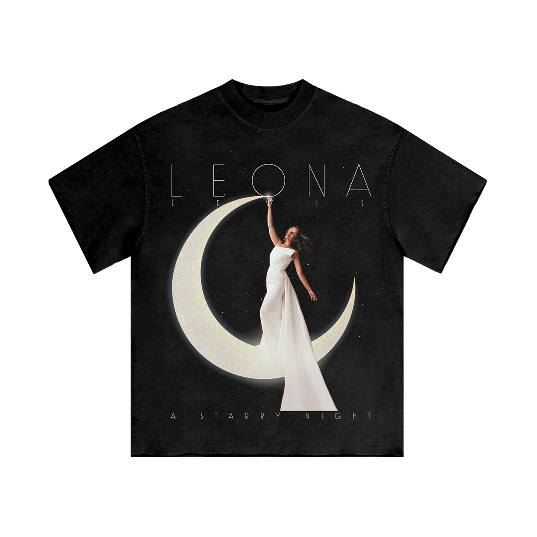 Black t-shirt with a graphic design of a woman on a crescent moon and the word 'LEONA' on a white background.