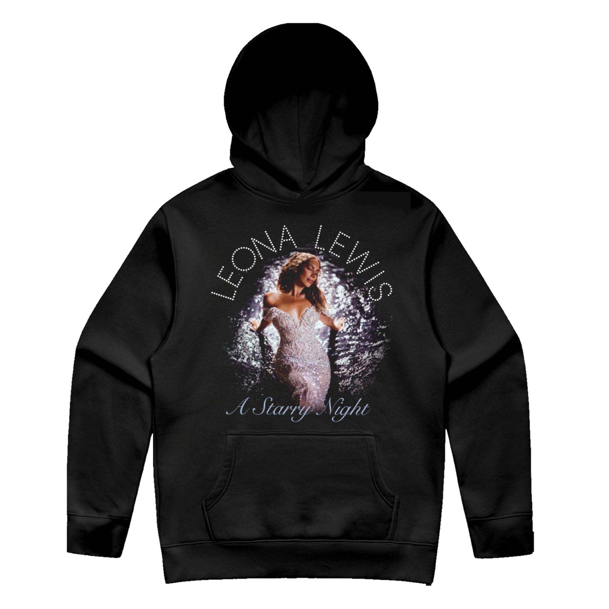 Black hoodie with Leona Lewis graphic design on a white background