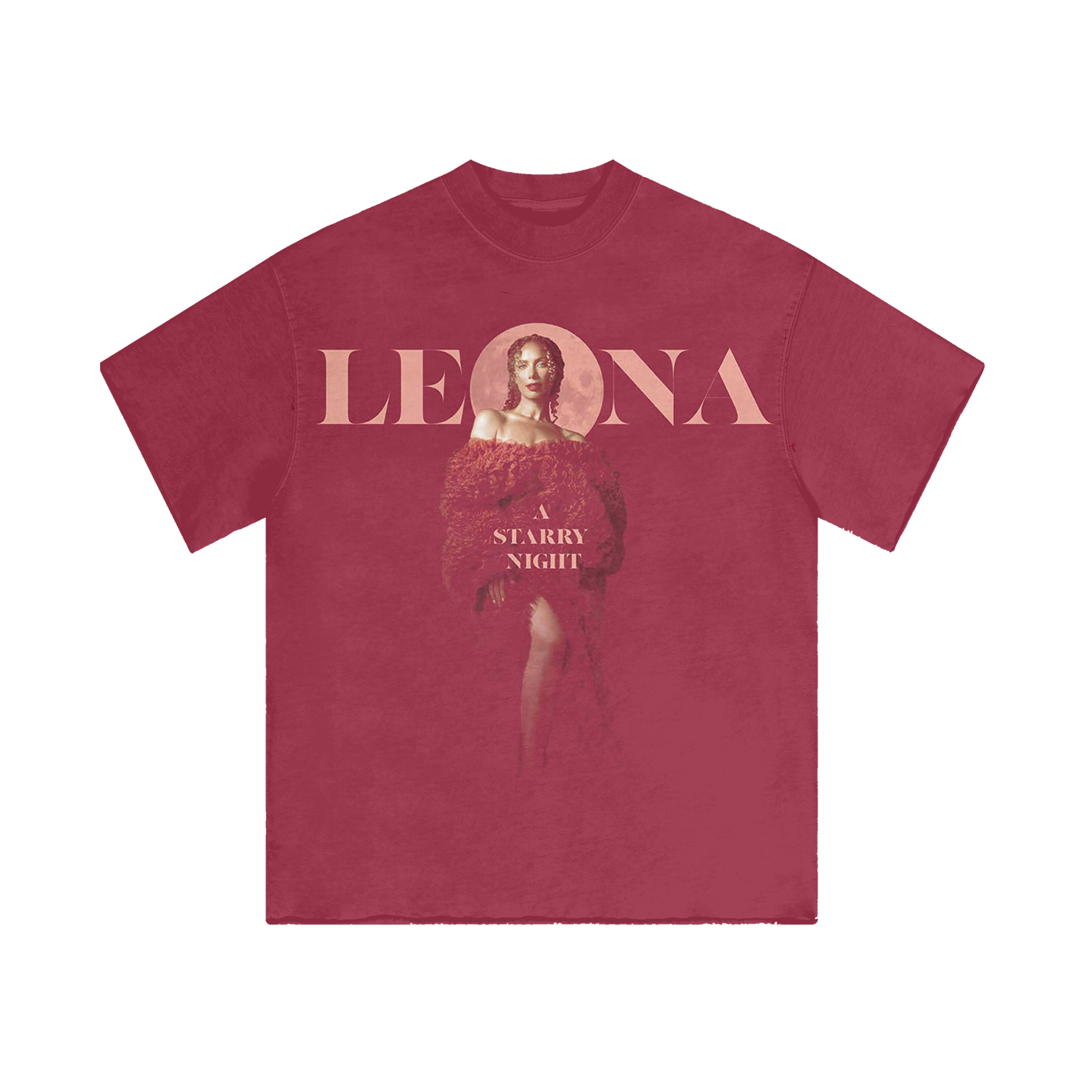 Red t-shirt with 'LEONA' and 'A Starry Night' text on a white background