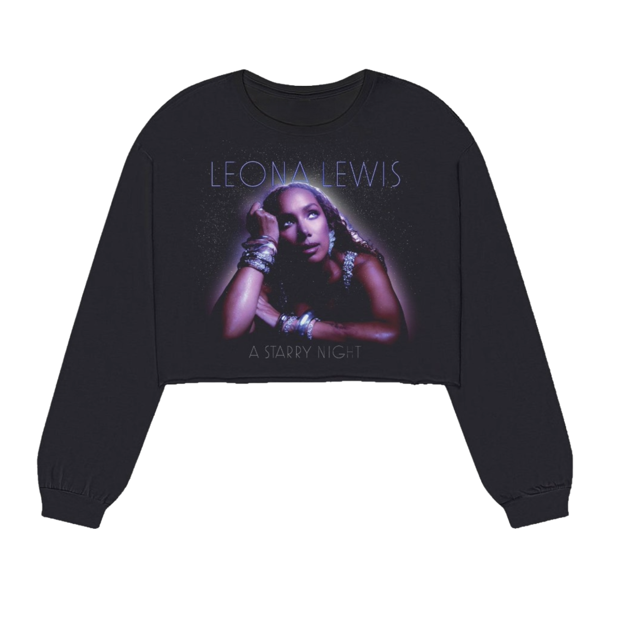 A black long-sleeve cropped sweatshirt featuring a graphic print of Leona Lewis from her album 'A Starry Night' on the front, displayed against a solid white background.