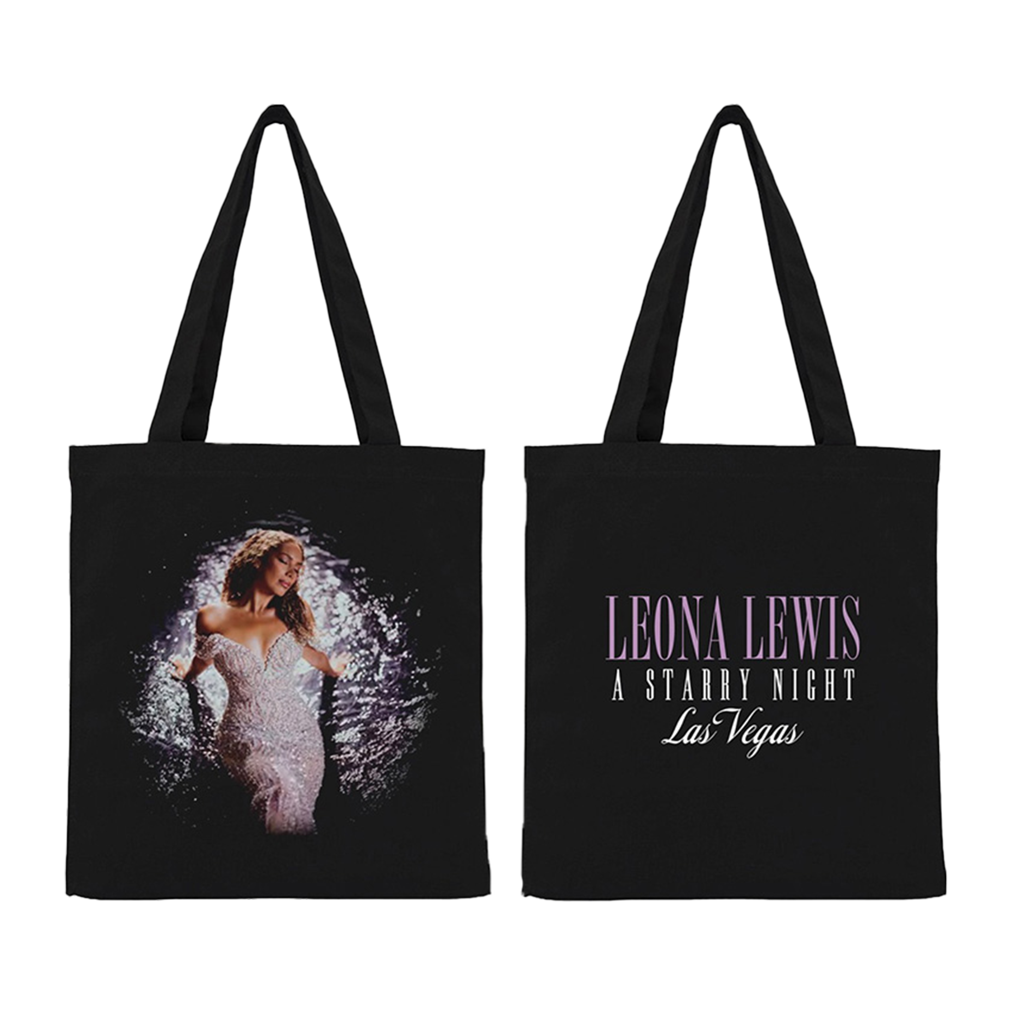 Black tote bag with a photo of a woman and text on a white background
